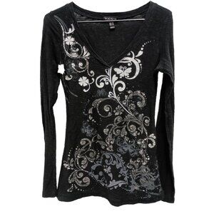 FANG Black Long Sleeve V-Neck Tee with Silver Floral Print